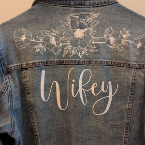 Denim Jacket with Floral and 'Wifey' Design